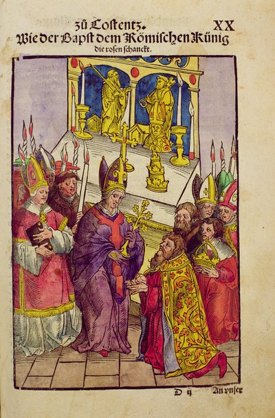 Pope Martin V gives Sigismund the symbolic gift of the Golden Rose at the Council of Constance, from 